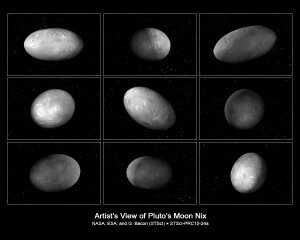 Esta animación muestra cómo Nix, la luna de Plutón, cambia su giro impredecible a través del espacio, orbitando el sistema doble Plutón-Caronte. La vista es desde la superficie de Plutón. El video recrea 4 años de movimiento en 2 minutos, con una órbita completa de Plutón-Caronte cada 2 segundos (en contraste con el período orbital real, que es de 24,9 días). 