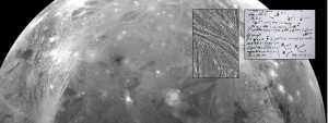 Dibujo: Esquemas de Galileo Galilei de los satélites recién descubiertos. Detalle: Lupa en las elevaciones de la luna más grande del planeta Júpiter.