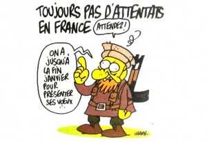 Viñeta premonitoria en Charlie Hebdo: "Sin atentados en Francia", dice arrina. "Esperen", responde el hombre armado. "Tenemos tiempo hasta fines de enero". 