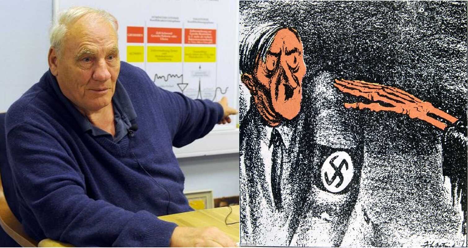 El ex doctor Hamer y una caricatura de Daniel Fitzpatrick.